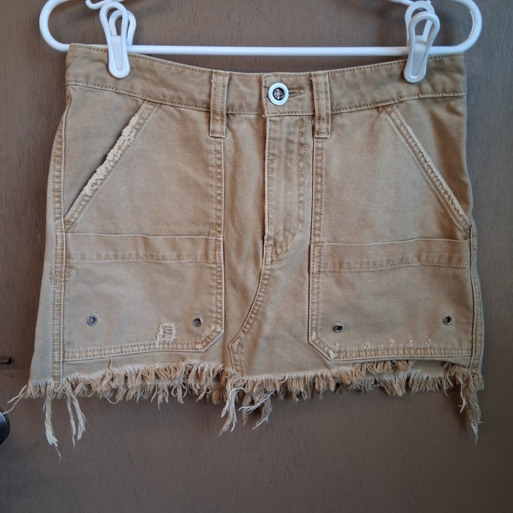 Free People Y2K Utility Cargo Canvas Mini Skirt Raw Hem Twill Grunge Khaki-26
